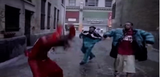 Scrolling animation of water falling on the rap group Pharcyde. Plays forwards and backwards with scroll direction