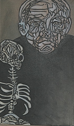 black and white painting of man holding small skeleton